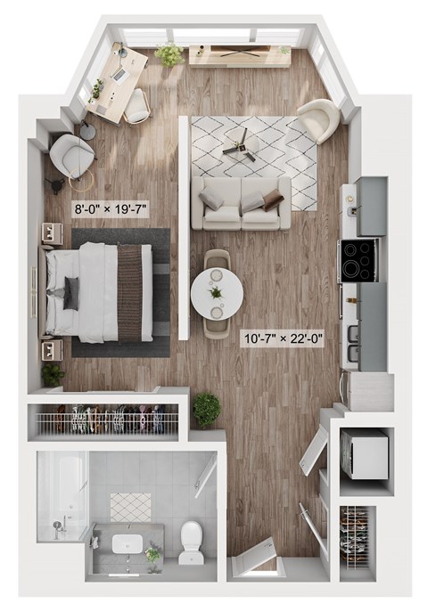 Floor plan for studio, 1 bath, 581 sqft
